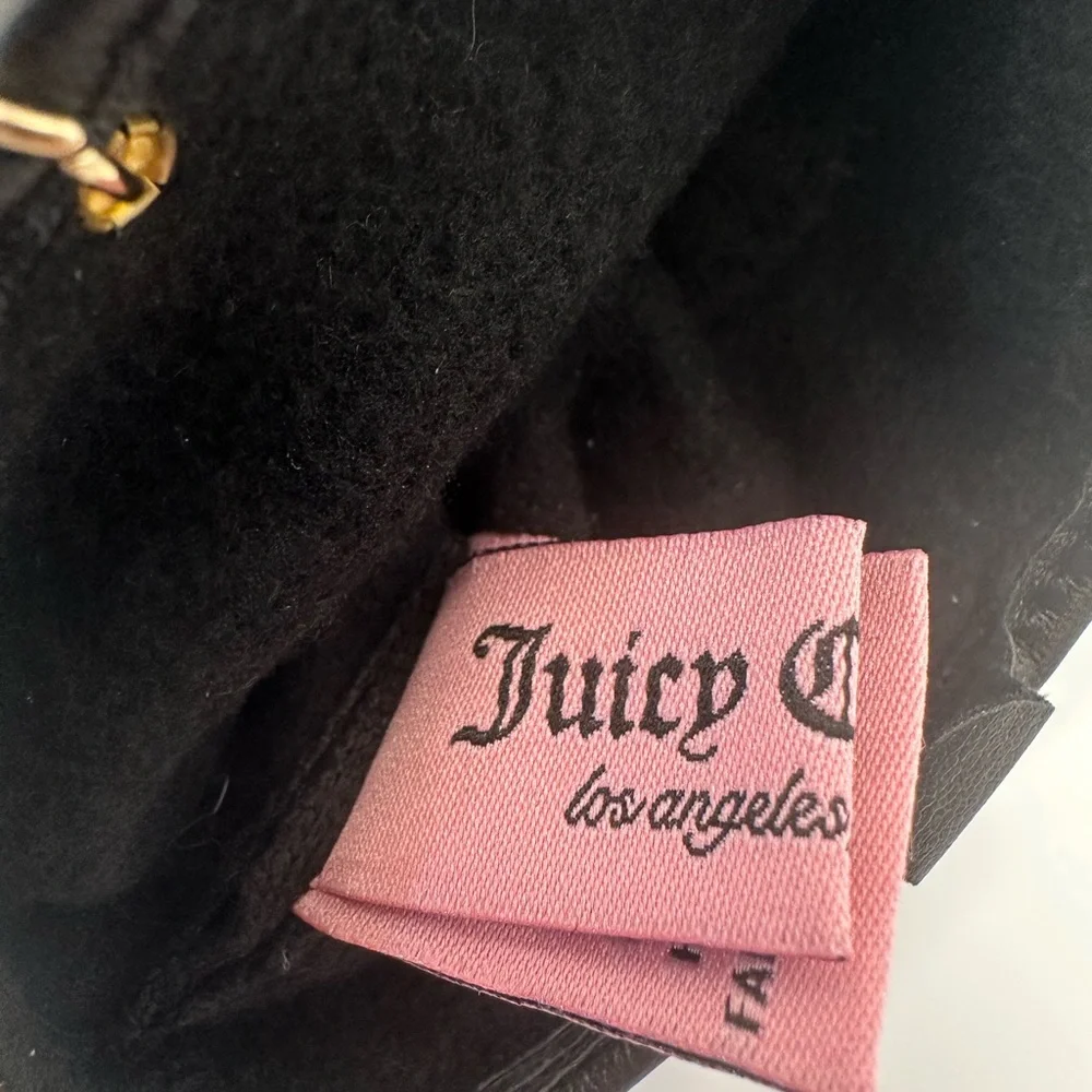 Juicy Couture Black Gloves Gold Rhinestone Dangle Bling Charm Faux Leather Y2K